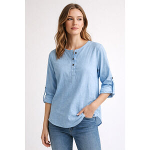 NWT WZIKAI Womens XL Blue Henley Blouse Cotton Hemp 3/4 Sleeve Roll Tab Top